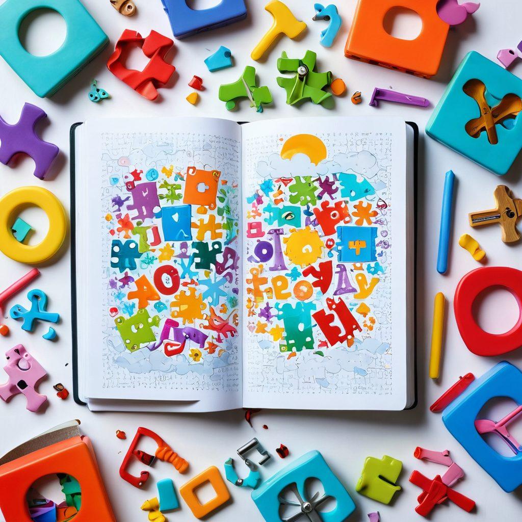 A vibrant and whimsical scene depicting an open guidebook titled 'Unlocking Joy' surrounded by an array of playful Cracklooker tools, like colorful puzzles and joyful gadgets, glowing with enthusiasm. Bright, inviting colors should radiate happiness and engagement, with soft, dreamy clouds in the background, suggesting a world full of fun possibilities. super-realistic. vibrant colors. white background.
