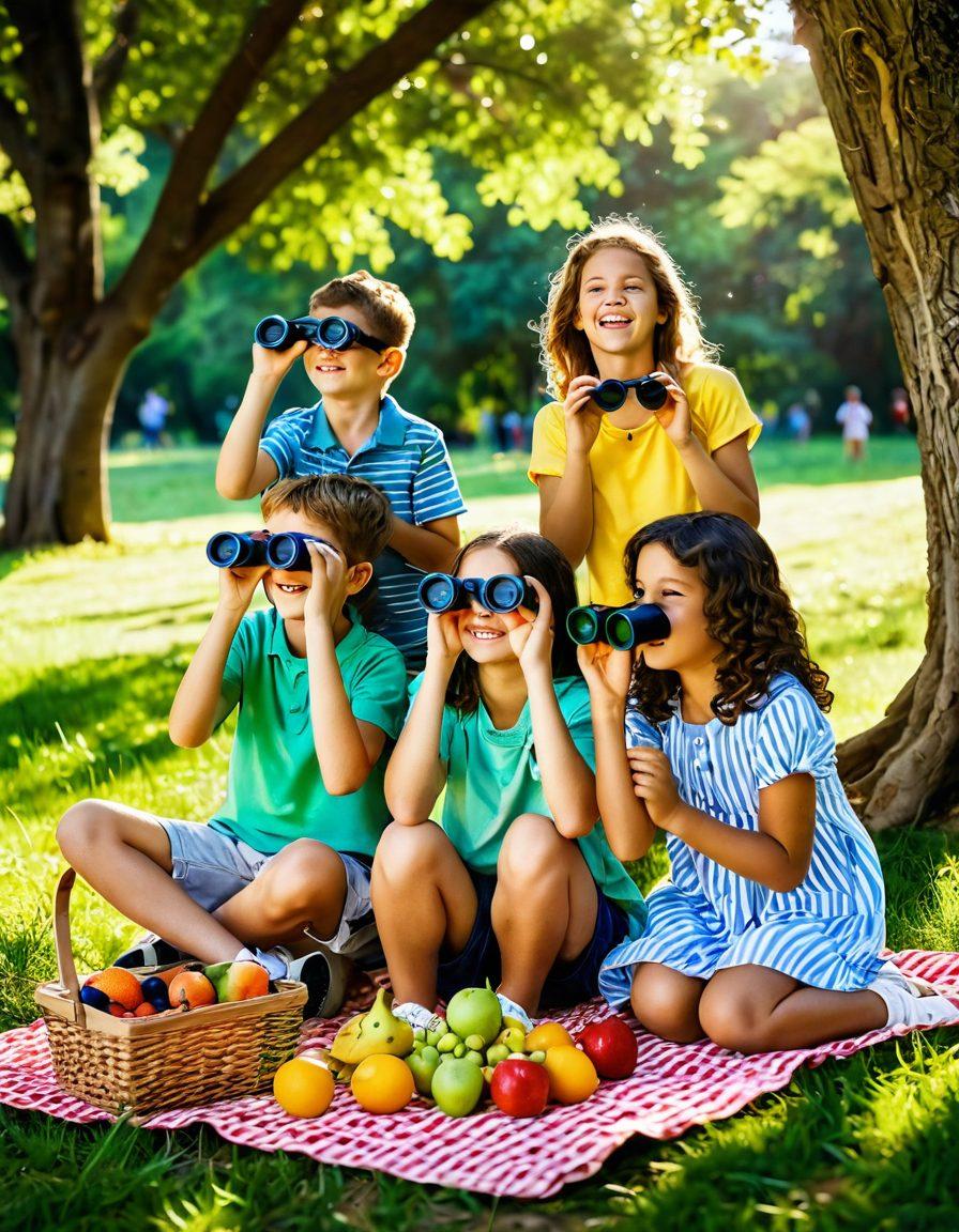 A cheerful family enjoying a sunny day in a park, using innovative Cracklooker tools like binoculars and field guides to explore nature. Lush green surroundings, children laughing and pointing at birds, a picnic setup with vibrant fruits and drinks, all radiating happiness and engagement. Warm sunlight filtering through the trees, casting soft shadows. super-realistic. vibrant colors. outdoor scene.